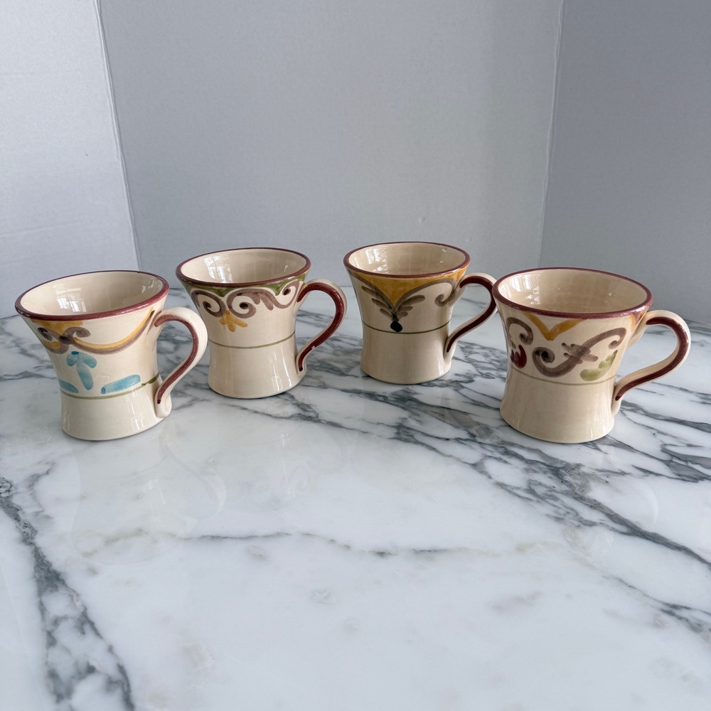 Set of 4 Gubbio Italy Hand Painted Ceramic Coffee Mugs Cafe Scroll Design Cream